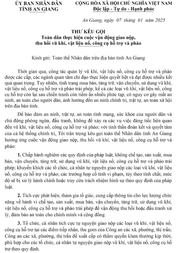 thu keu goi toan dan thuc hien cuoc van dong giao nop thu hoi vu khi vat lieu no cong cu ho tro va phao